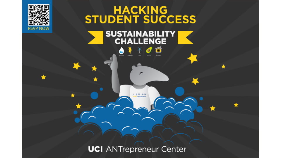 cartoon Peter the Anteater on a black backdrop with the title "Hacking Student Succcess: Sustainability Challenge"